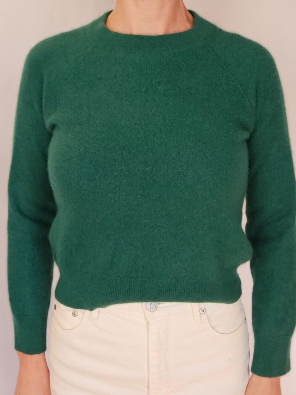 Quince 100% Mongolian Shrunken Cashmere Sweater in Emerald Green.